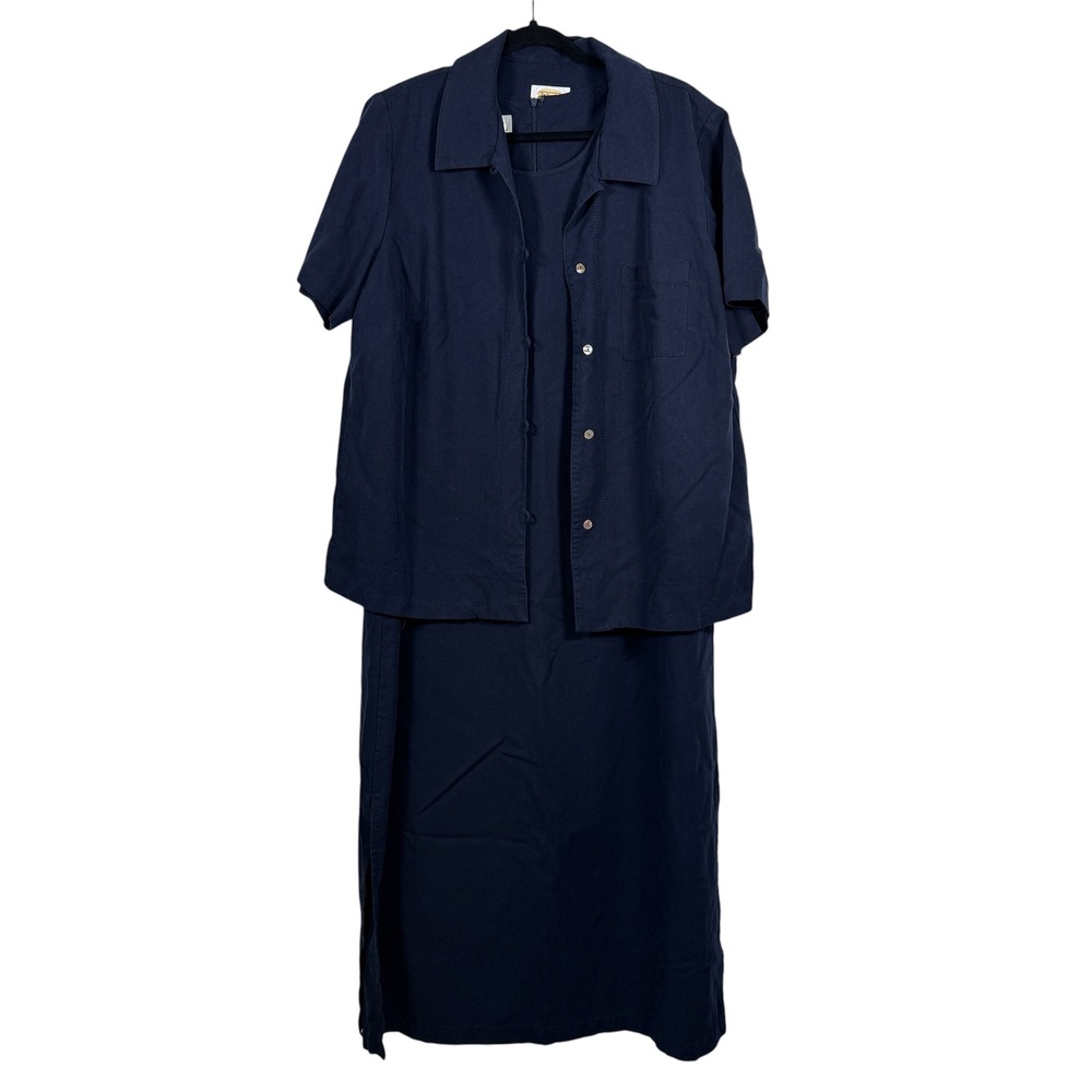 Vintage Talbots Womens Linen Blend Maxi Dress Shirt Set Size 16W Navy Blue Y2K